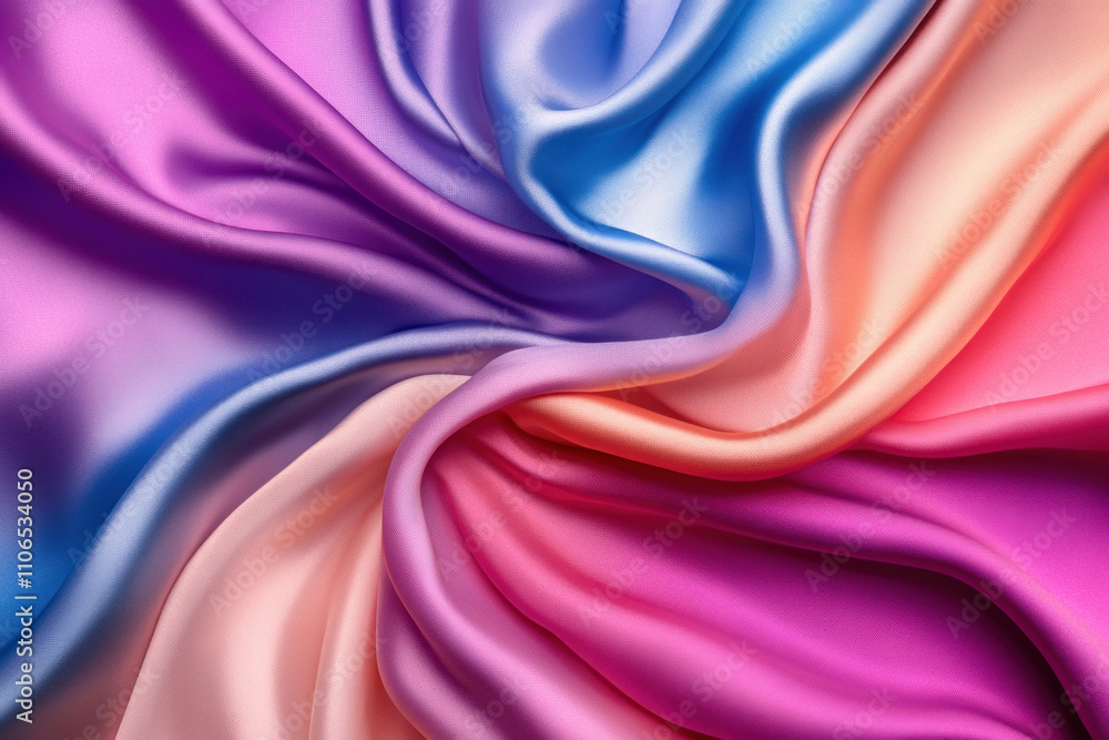 Obraz premium Close-up of intertwining pink, blue, and silver silk strands glistening in the light, creating a vibrant and elegant pattern.