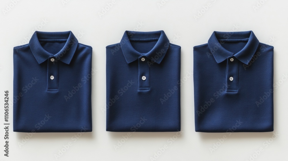 Neatly Folded Dark Blue Polo Shirts Displayed on a Light Background Perfect for Apparel Showcase or Fashion Catalogs Neatly Folded Dark Blue Polo Shirts Displayed on a Light Background Perfect for Apparel Showcase or Fashion Catalogs