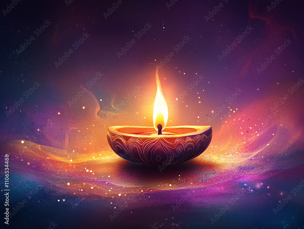 A serene and festive oil lamp scene with a glowing flicker, perfect for Diwali invitations, cards, or decor, combining tranquility with celebration. A serene and festive oil lamp scene with a glowing flicker, perfect for Diwali invitations, cards, or decor, combining tranquility with celebration.
