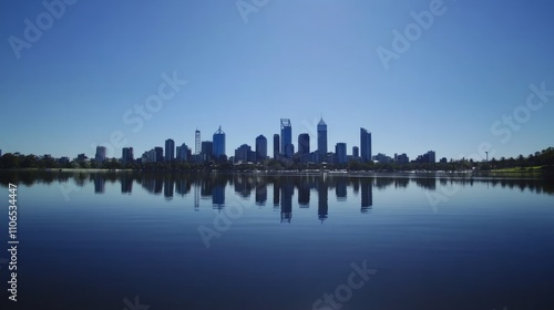 City skyline reflected in calm water under a clear blue sky.