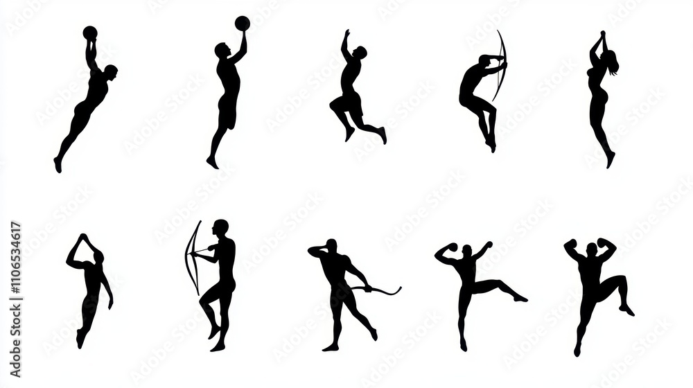 Dynamic Silhouette Illustrations of Various Sports Activities Representing Athletes in Action with Equipment Various Movements for Sports Photography and Visual Design Dynamic Silhouette Illustrations of Various Sports Activities Representing Athletes in Action with Equipment Various Movements for Sports Photography and Visual Design