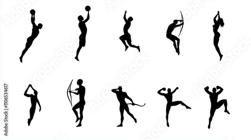 Dynamic Silhouette Illustrations of Various Sports Activities Representing Athletes in Action with Equipment Various Movements for Sports Photography and Visual Design