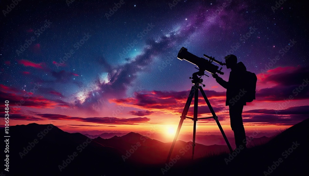A silhouette of someone stargazing with a telescope, silhouette, action photography, aesthetics, A silhouette of someone stargazing with a telescope, silhouette, action photography, aesthetics,