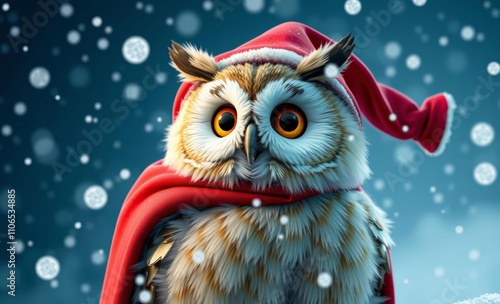 owl christmas Adorable owl in a red christmas cape surrounded by falling snowflakes  animal, decoration, season, bird photo