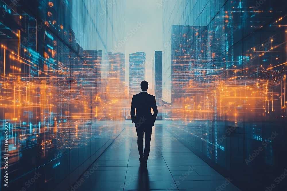Businessman walking forward in futuristic city. Concept of leadership, innovation, and progress. Businessman walking forward in futuristic city. Concept of leadership, innovation, and progress.