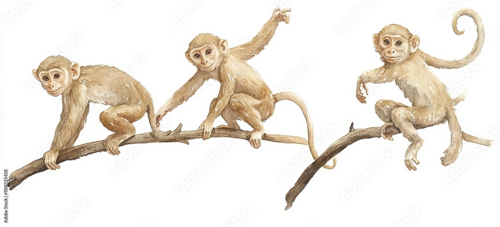 Obraz premium Watercolor illustration of playful monkeys with beige fur in dynamic poses on branches in natural setting isolated on white background