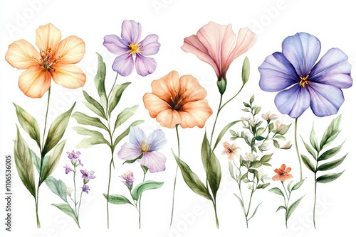 Fototapeta Naklejka Na Ścianę i Meble -  Watercolor Tropical Flowers and Foliage Illustration Beautiful Hibiscus Leaves and Botanical Garden Plants