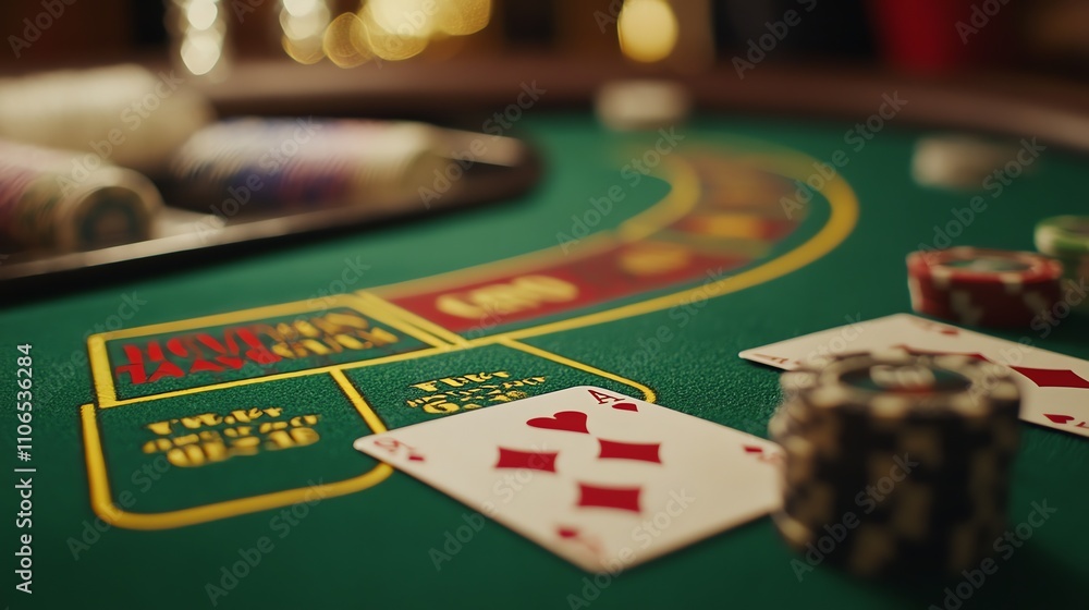 Close up of a single playing card on a green felt casino table. Close up of a single playing card on a green felt casino table.