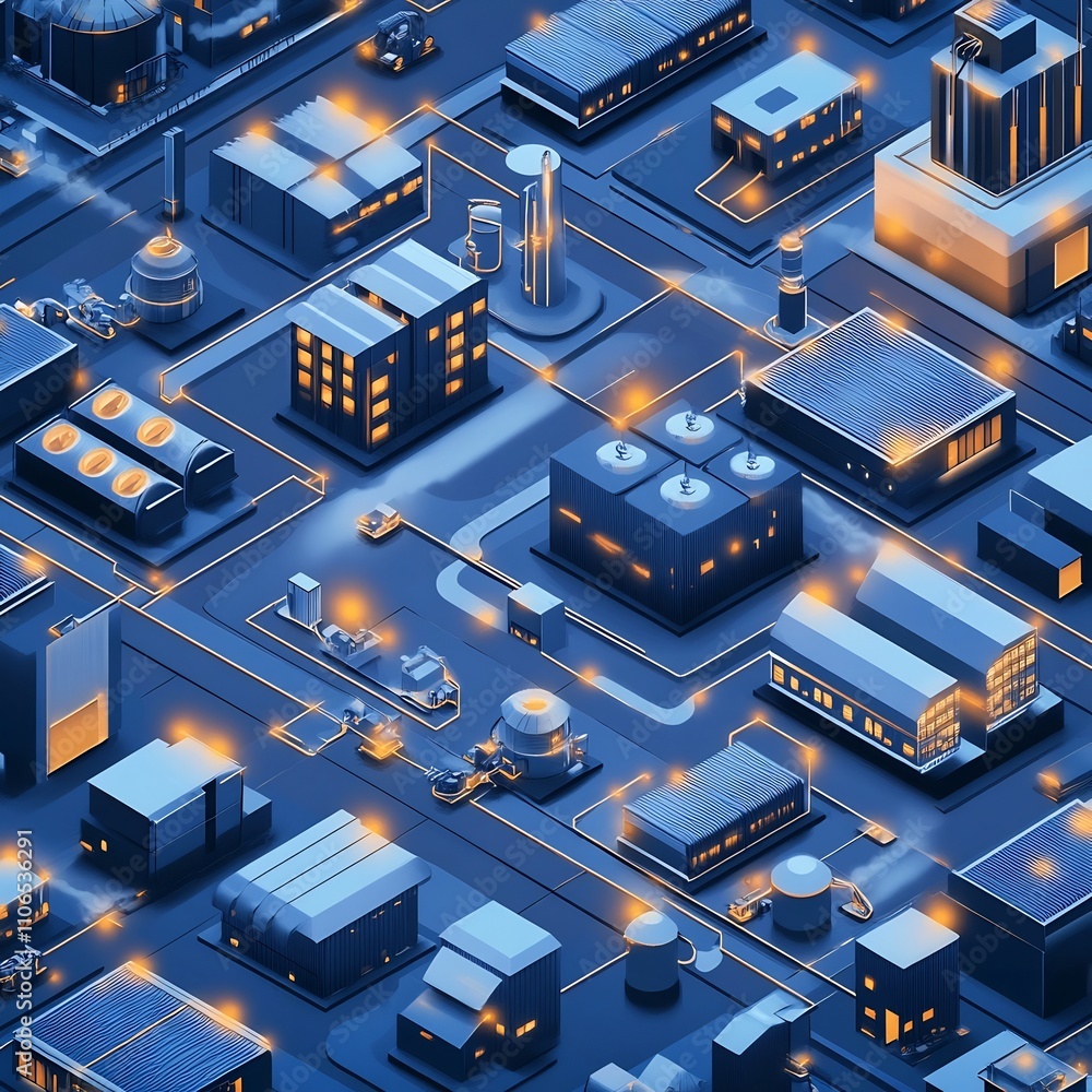 Interconnected Digital Supply Chain Network with Factories Warehouses and Transportation Links in High Tech Isometric Visualization Interconnected Digital Supply Chain Network with Factories Warehouses and Transportation Links in High Tech Isometric Visualization
