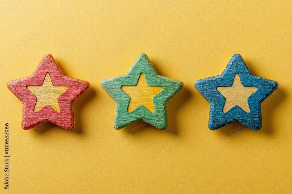 Three wooden stars on a yellow background. Three wooden stars on a yellow background.