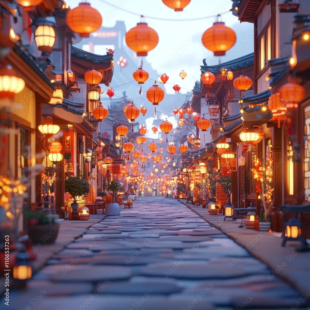 Obraz premium Serene Lantern-Lit Street in Traditional Town