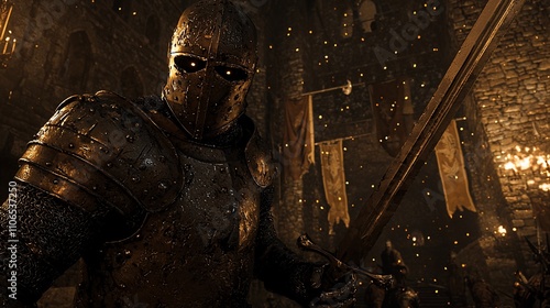 Medieval knight in battle armor, wielding a sword, in a dark, ancient castle. photo