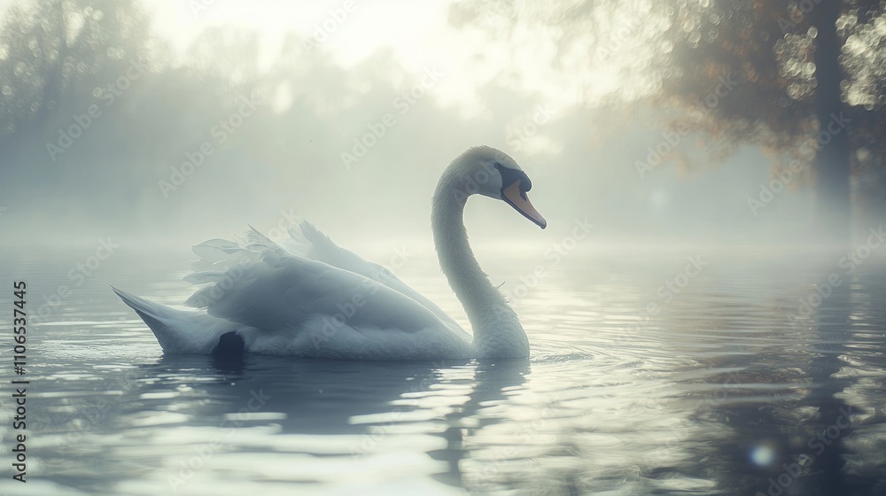 Fototapeta premium Serene Swan Gliding Through Misty Water Surface