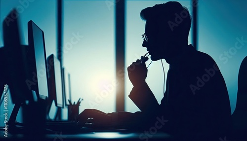 A silhouette of someone with a headset in a call center, silhouette, action photography, aesthetics,