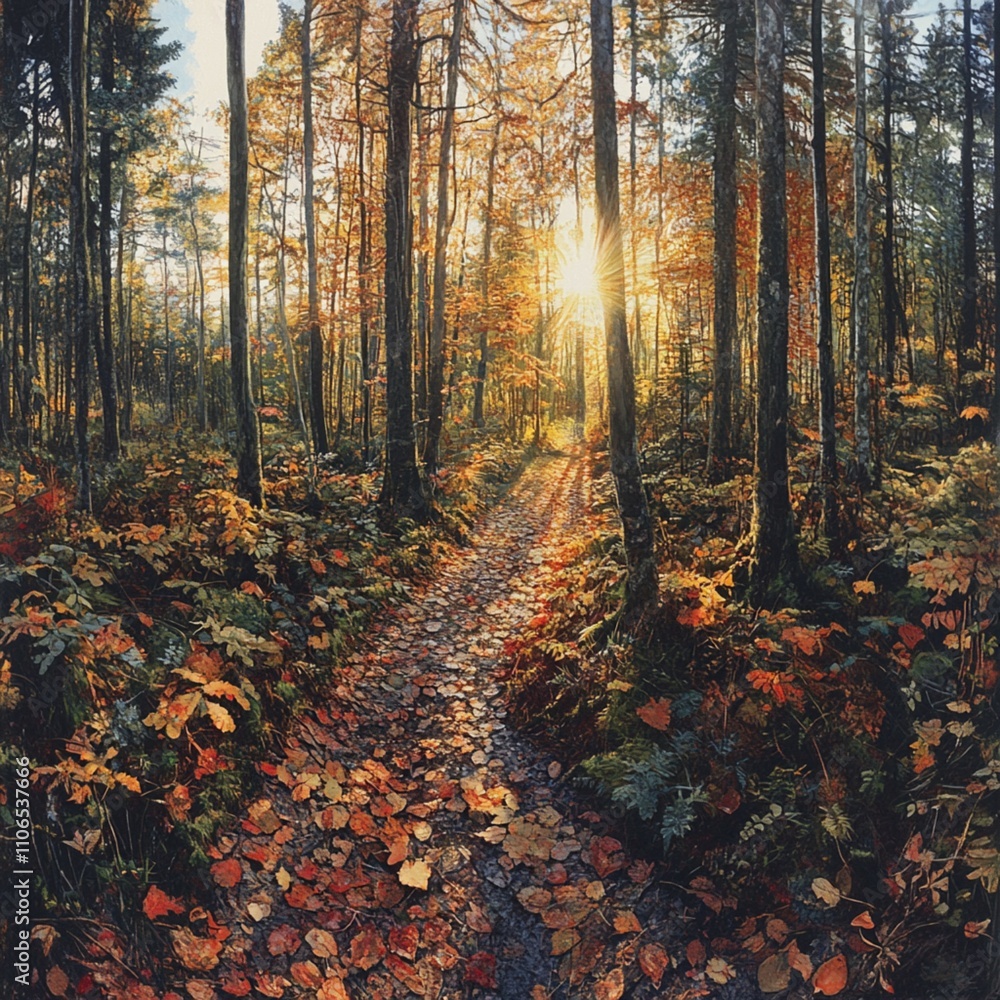 A rich autumn forest is depicted in a wide-angle perspective, where sunlight dances through the vivid leaves, and a narrow trail beckons into the depths of the woods. A rich autumn forest is depicted in a wide-angle perspective, where sunlight dances through the vivid leaves, and a narrow trail beckons into the depths of the woods.
