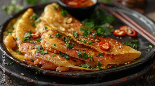 A delicious plate of savory pancakes garnished with herbs and chili, served with dipping sauce.