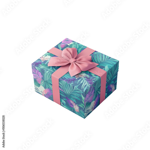 Gift Box with Tropical Leaf Pattern and Pink Ribbon