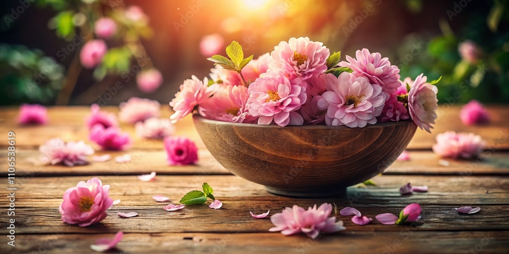 A Serene Still Life of a Bowl Filled with Delicate Pink Flowers, Captured in Natural Light to Highlight the Beauty of Nature and Simple Elegance in Home Decor A Serene Still Life of a Bowl Filled with Delicate Pink Flowers, Captured in Natural Light to Highlight the Beauty of Nature and Simple Elegance in Home Decor