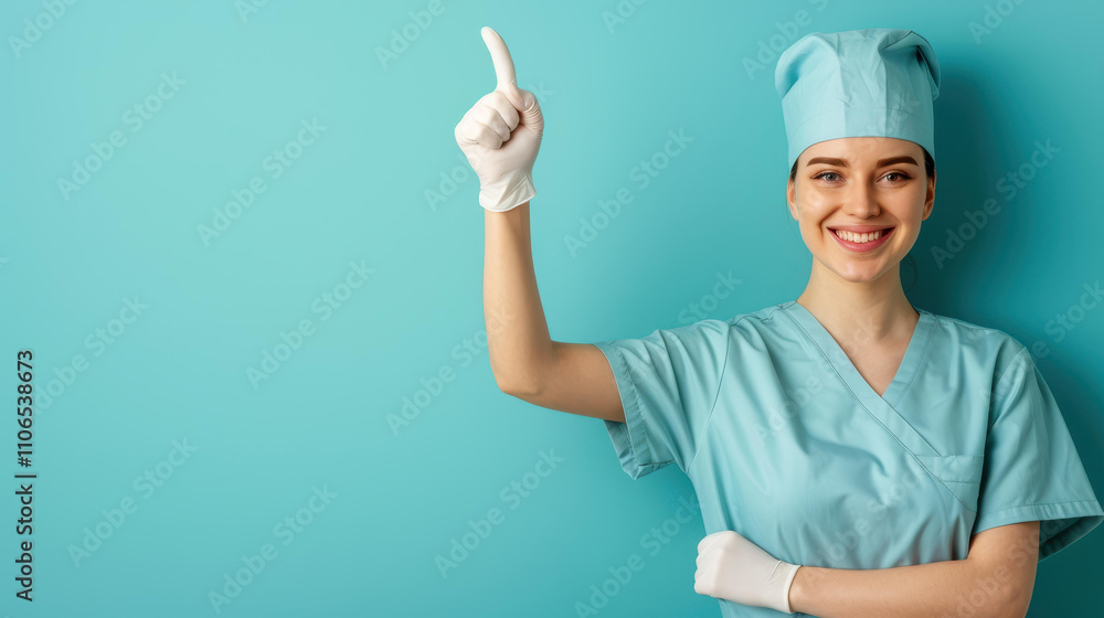 A cheerful young female nurse fills the frame with her bright smile, dressed in crisp uniform against a teal backdrop. A cheerful young female nurse fills the frame with her bright smile, dressed in crisp uniform against a teal backdrop.