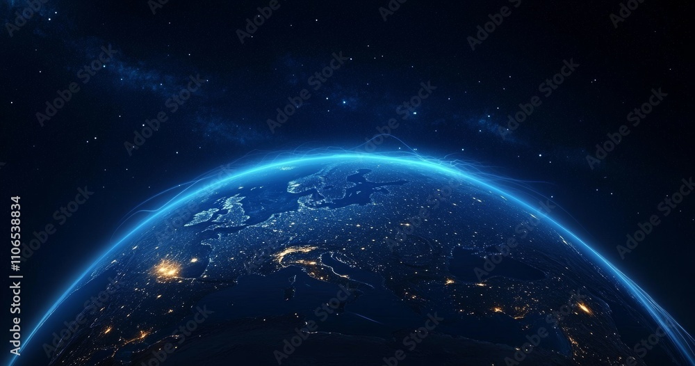 Fototapeta premium Earth Night Global Connection Technology Network Digital Communication 3D Background