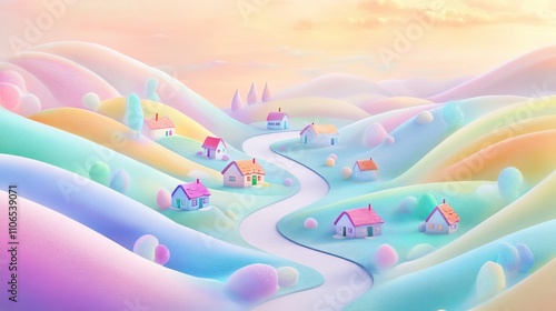 Pastel-colored hillscape with miniature houses and winding road.