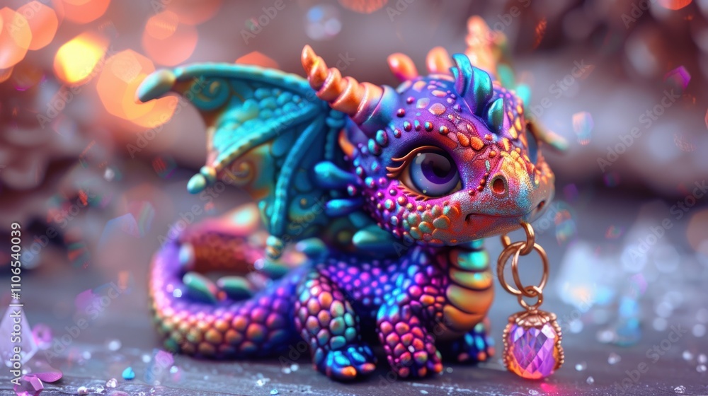 A colorful dragon figurine with vibrant scales and a jewel, set in a magical environment. A colorful dragon figurine with vibrant scales and a jewel, set in a magical environment.