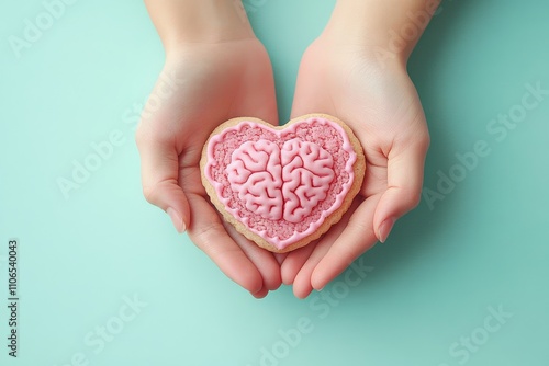 hands holding heart-shaped cookie brain design gut health probiotics digestion wellness intestine photo