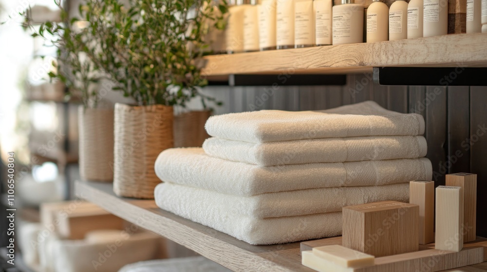 A table with a bunch of towels and bottles of lotion A table with a bunch of towels and bottles of lotion