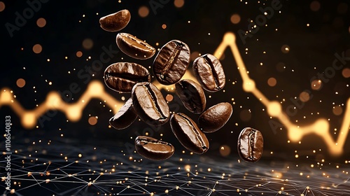 A visually striking image of coffee beans suspended in motion against a backdrop of abstract lines and glowing dots, evoking energy and dynamism. photo