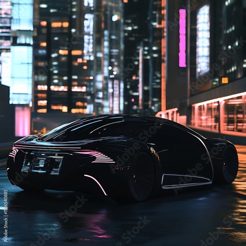 A sleek and innovative electric sedan with autonomous driving capabilities and an interactive holographic control panel showcased in a clean futuristic cityscape  The vehicle s modern