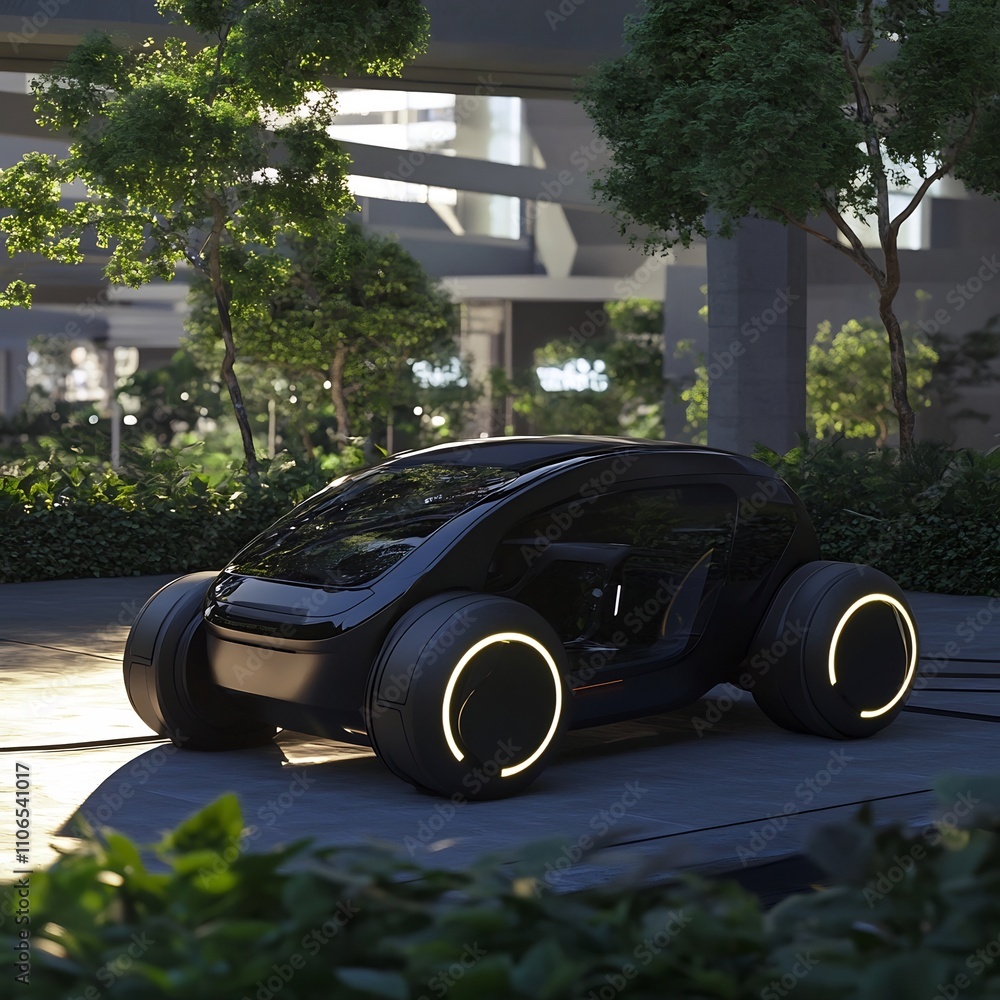 Compact sleek and futuristic electric car with advanced sensors and glowing wheels seamlessly navigating an eco friendly city landscape surrounded by lush greenery and sustainable architecture Compact sleek and futuristic electric car with advanced sensors and glowing wheels seamlessly navigating an eco friendly city landscape surrounded by lush greenery and sustainable architecture
