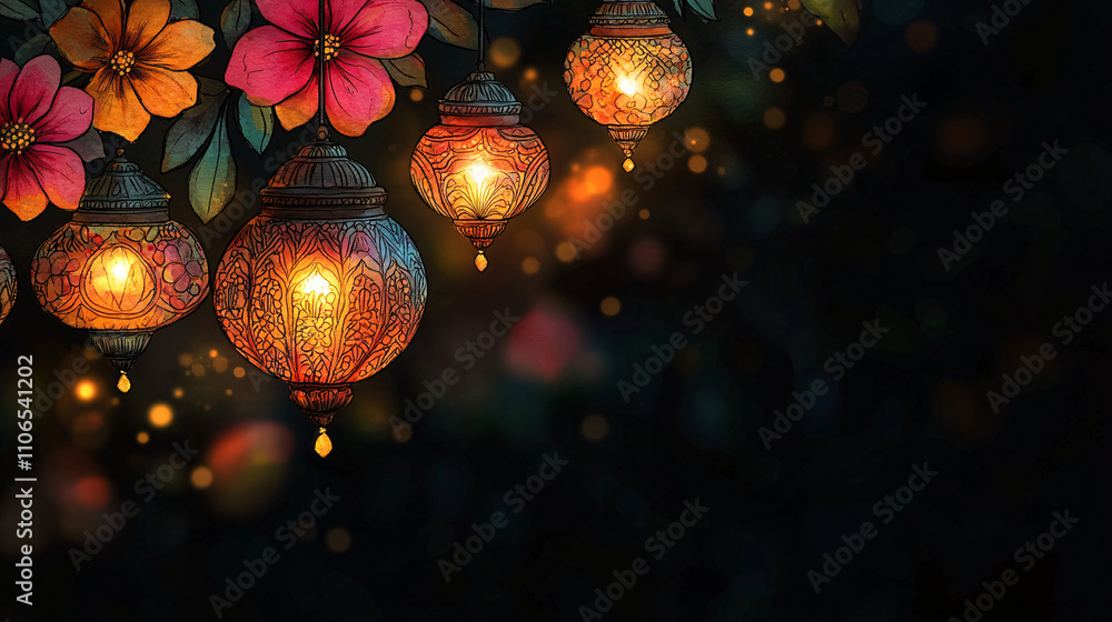 Vibrant decorative lamps with intricate floral patterns create a mystical atmosphere, ideal for Diwali-themed designs, cultural events, or festive occasions.