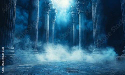 Ancient Greek columns stand tall in a mysterious fog-filled space, casting long shadows.