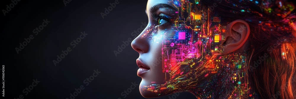 Futuristic Woman Profile with Circuits and Neon Patterns in Cyberpunk Style Futuristic Woman Profile with Circuits and Neon Patterns in Cyberpunk Style