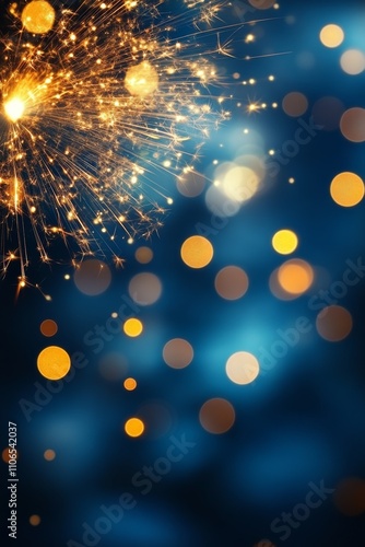 Fireworks Celebration Against Dark Blue Sky with Bokeh Light Effects and Golden Sparks