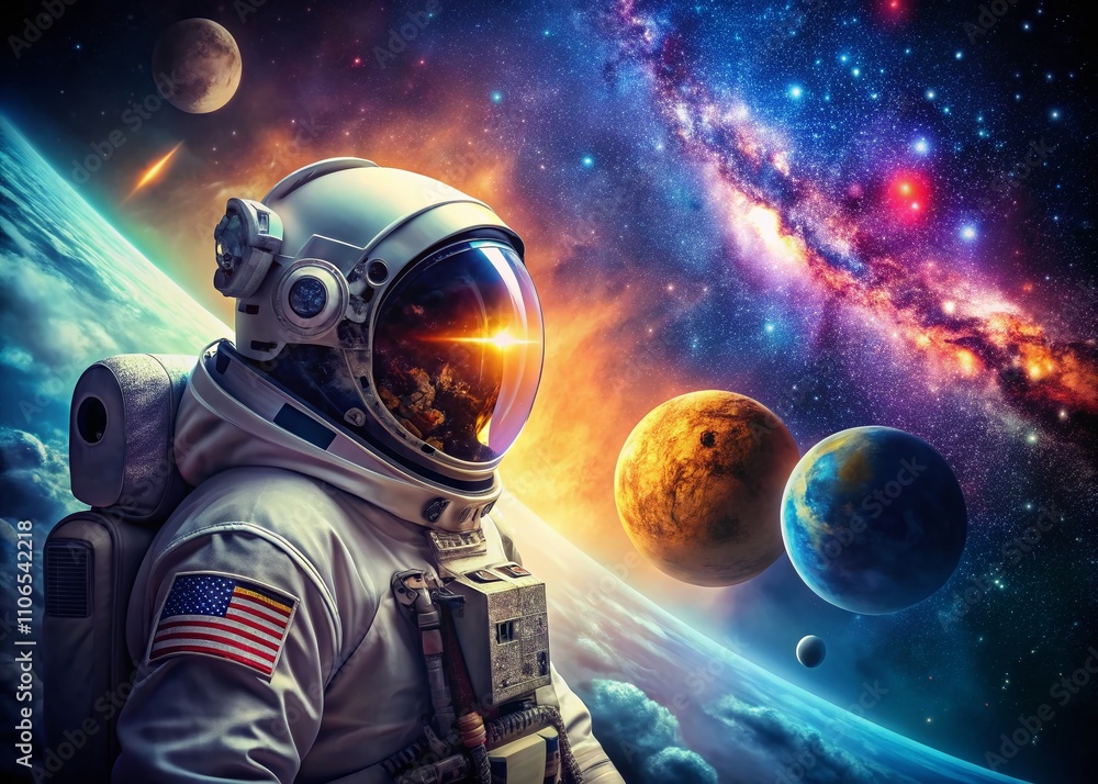 Astronaut in a Spaceman Helmet Floating in the Universe with Stunning Galaxy and Moon Backdrop, Ideal for Outer Space Themes and Science Fiction Imagery Astronaut in a Spaceman Helmet Floating in the Universe with Stunning Galaxy and Moon Backdrop, Ideal for Outer Space Themes and Science Fiction Imagery