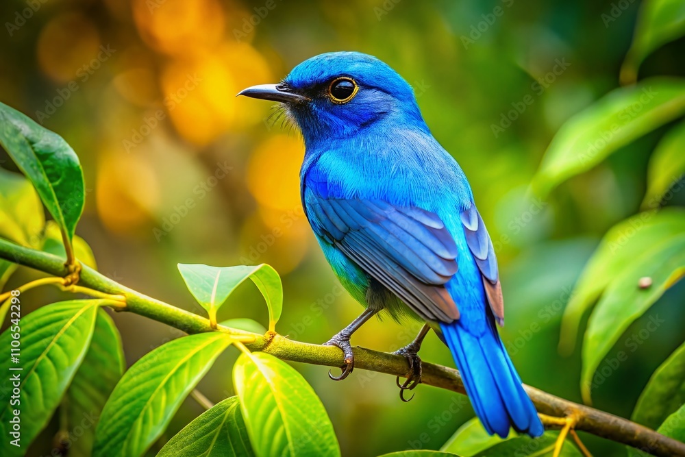 A Stunning Aerial View of a Blue Bird Perched on a Leafy Branch Surrounded by a Lush Green-Yellow Background in Nature's Splendor A Stunning Aerial View of a Blue Bird Perched on a Leafy Branch Surrounded by a Lush Green-Yellow Background in Nature's Splendor
