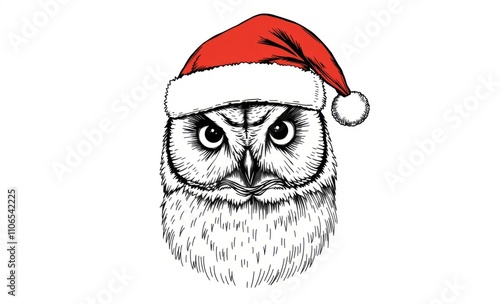 owl wearing Santa hat, illustration, black and white sketch, red and white hat, detailed feathers, white background, festive theme
 photo