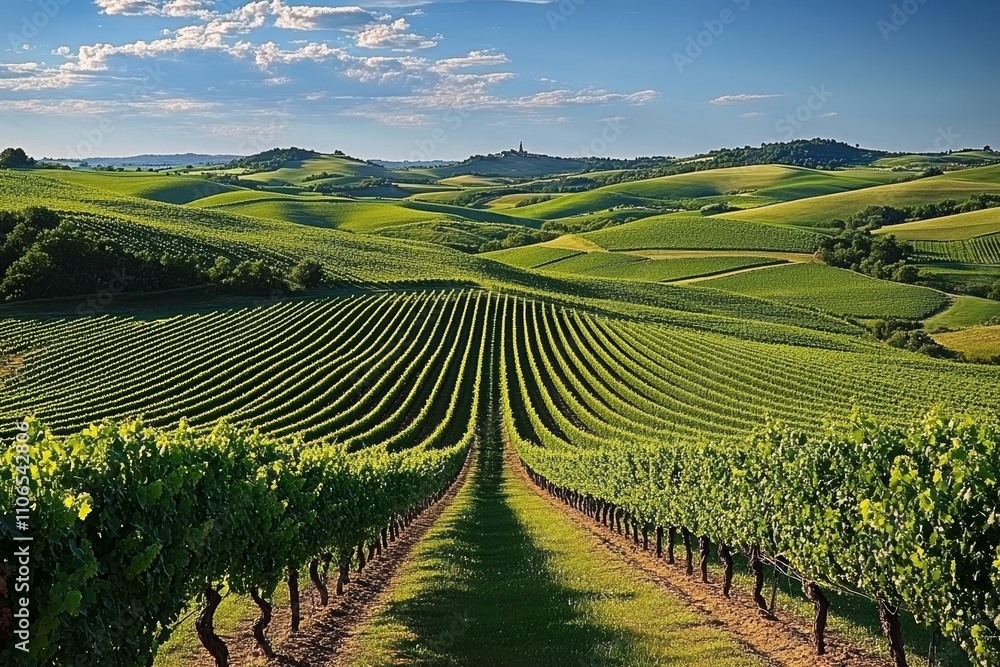 Naklejka premium Lush Vineyard Landscape with Rows of Grapevines Under Blue Sky