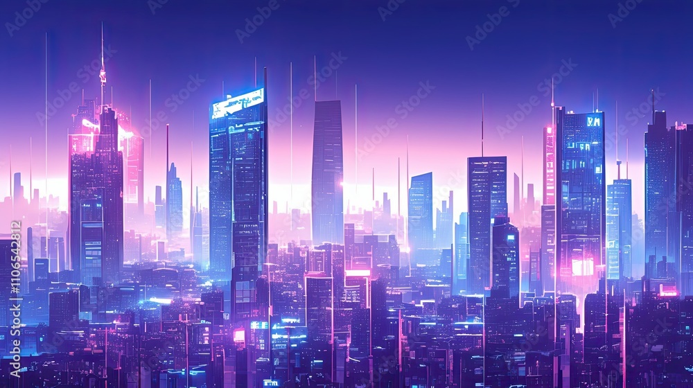 Fototapeta premium Futuristic City Skyline Neon Lights Glowing Towers