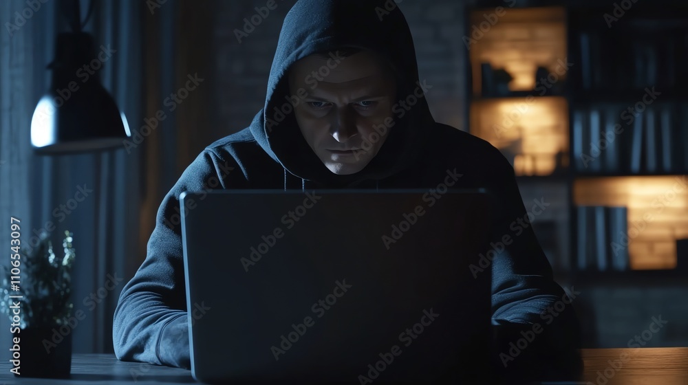 A man wearing a hooded sweatshirt looks intently at his laptop. A man wearing a hooded sweatshirt looks intently at his laptop.