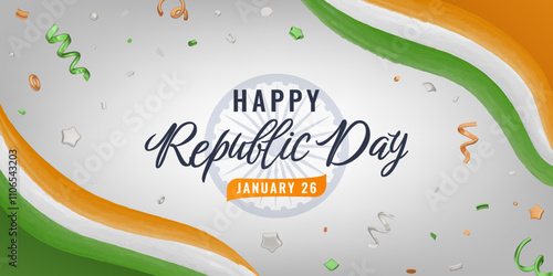 Happy Republic Day of India Banner. Celebration background with hand drawn Indian Flag and 3D render confetti. Vector design
