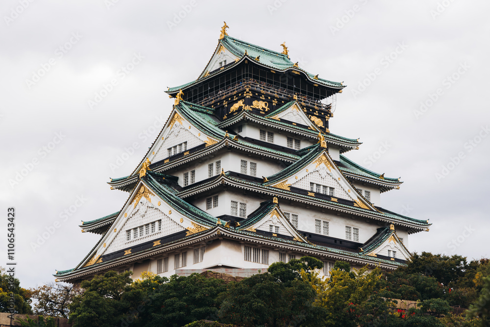 Fototapeta premium Osaka Castle, Osaka city, Japan, summer landscape vibrant view with a blue sky, Osakajo castle building, Kansai region, Osaka prefecture, travel to Japan