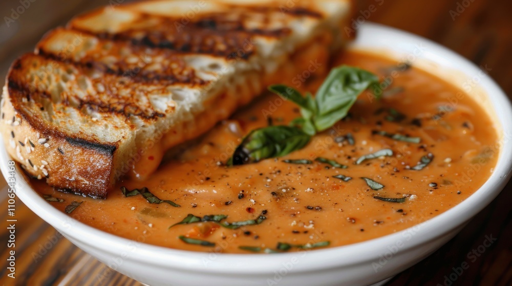 A bowl of creamy tomato soup garnished with basil, served with a slice of toasted bread. A bowl of creamy tomato soup garnished with basil, served with a slice of toasted bread.