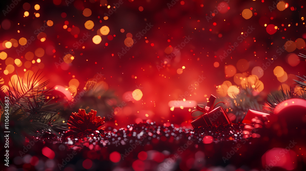 Holiday red background with pine branches and sparkling decorations Holiday red background with pine branches and sparkling decorations