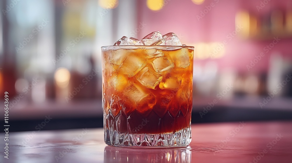 Cold brew served in a chic glass with ice cubes sparkling in a pastelcolored cafe Cold brew served in a chic glass with ice cubes sparkling in a pastelcolored cafe