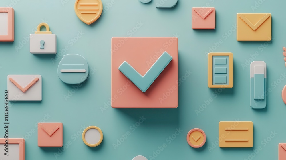 Register approval concept. 3D of a spinning checkmark surrounded by icons for personal registration details Register approval concept. 3D of a spinning checkmark surrounded by icons for personal registration details