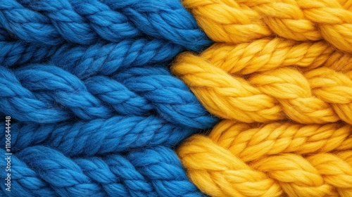 Vibrant closeup of braided knitted wool in blue and mustard. A cozy display with soft textures and warm tones.