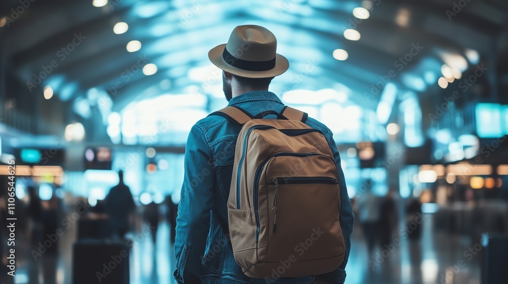 A man walks through an airport terminal with a backpack. A man walks through an airport terminal with a backpack.