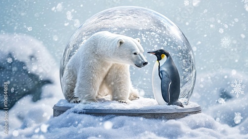 Polar Bear and Penguin Inside Winter Snow Globe